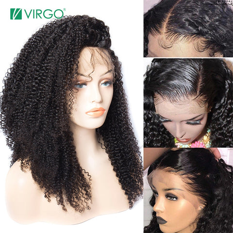 Virgo Remy Mongolian Hair Pre Plucked Kinky Curly Lace Front Hand Tied Human Hair Wig