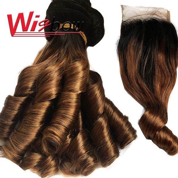 Wigbow Brazilian Ombre Loose Wave With Closure 8-16 inch 3 Piece Human Hair Curly Weave Bundles