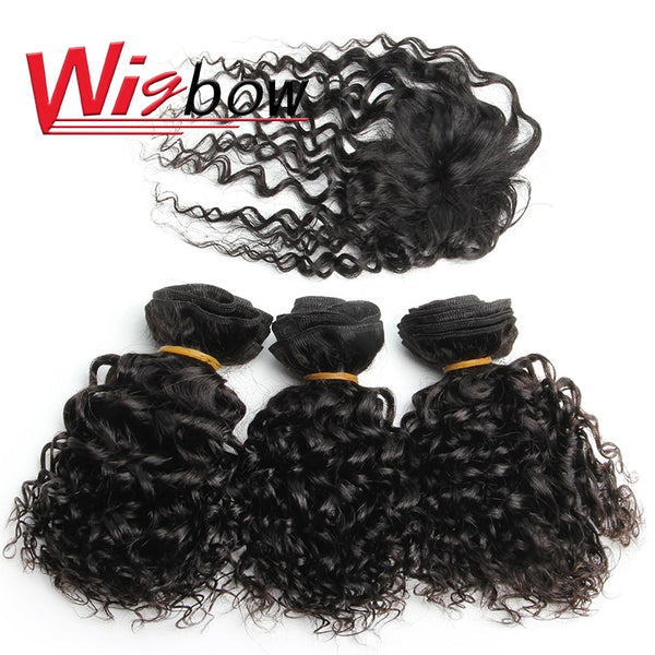 Wigbow Short Brazilian Remy Kinky Curly Human With Machine Made Closure Natural Color Hair Bundles